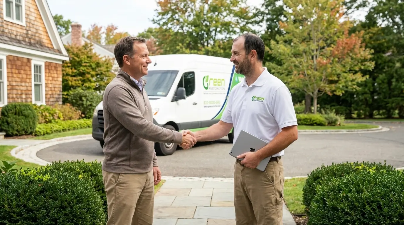 Our owner greeting a customer outside a Green Restoration service van
