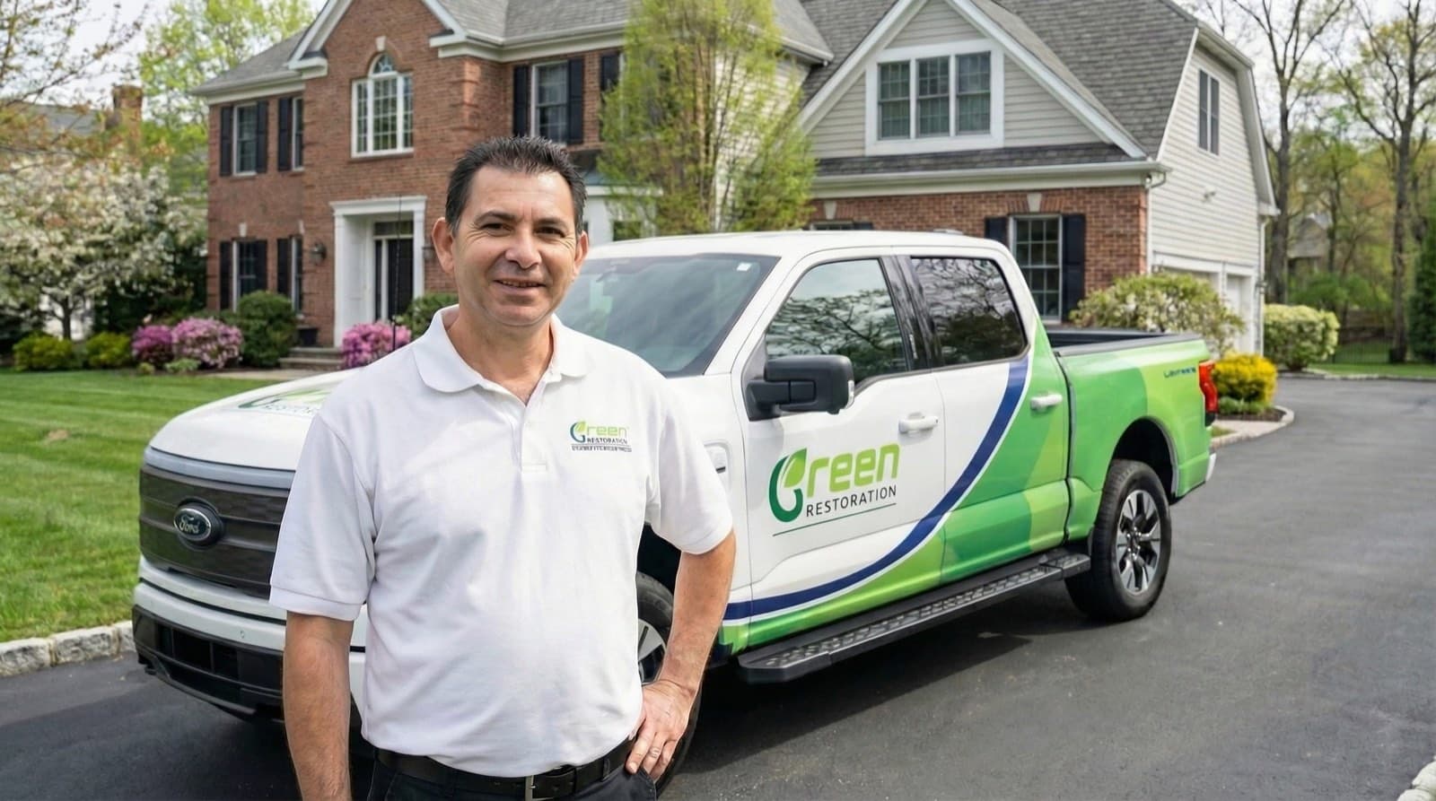 Green Restoration service van outside 1111 Stratford Ave location
