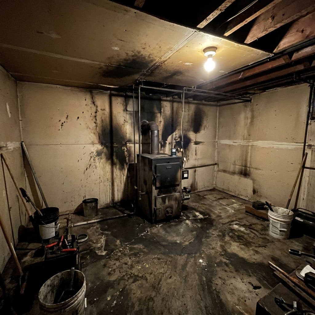 Soot residue cleanup after a heating system puffback, before and after