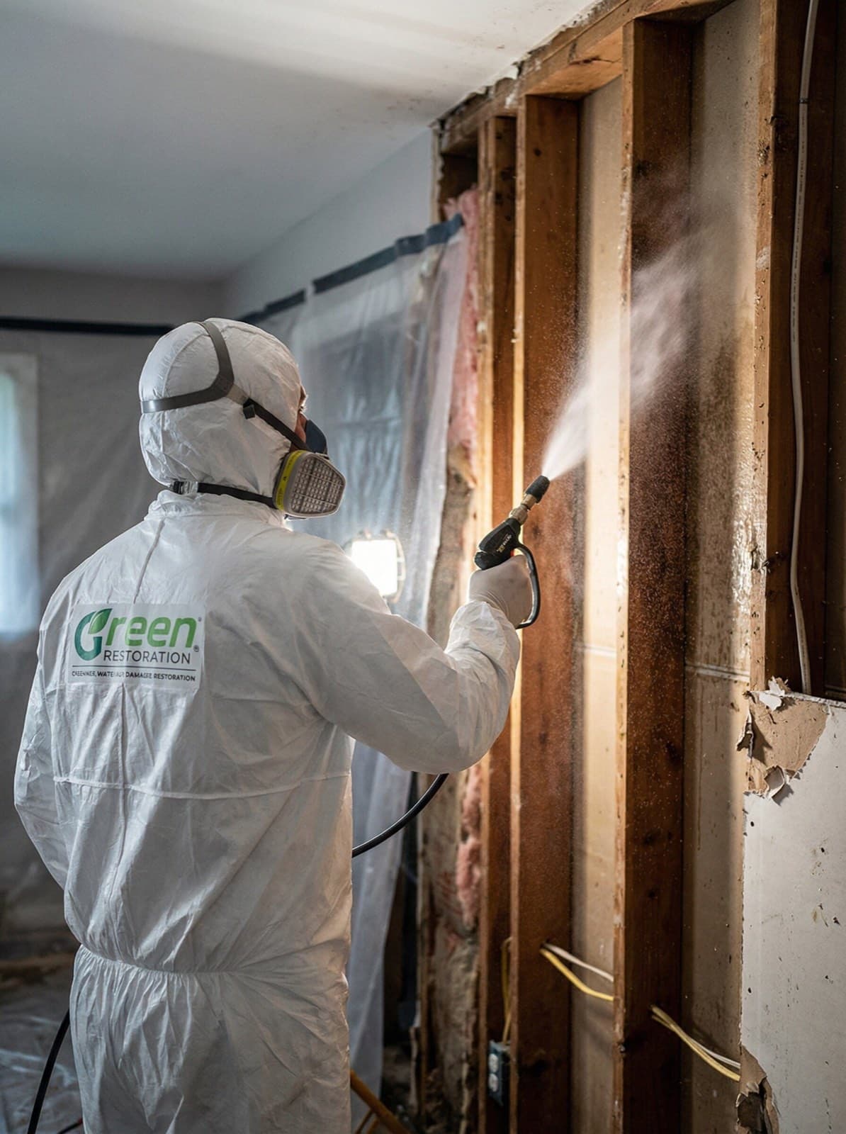 Green Restoration technician in branded PPE applying antimicrobial treatment to exposed wall cavity during mold remediation