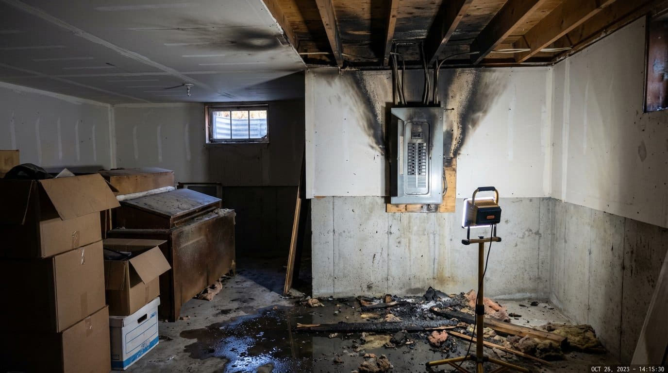 Fire-damaged basement electrical panel with scorched V-pattern soot above the unit, showing localized damage contained to the panel wall