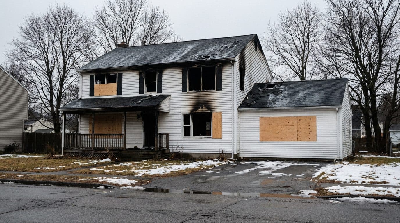 Fire-damaged New England two-story Colonial home with boarded windows, scorched clapboard, and patchy late-winter snow on the lawn