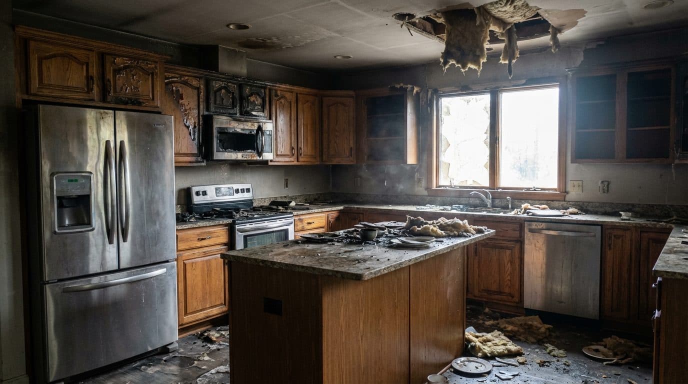 Severely fire-damaged New England colonial kitchen with charred cabinets, soot-covered walls, and collapsed ceiling documenting how fire damage spreads after the flames are out