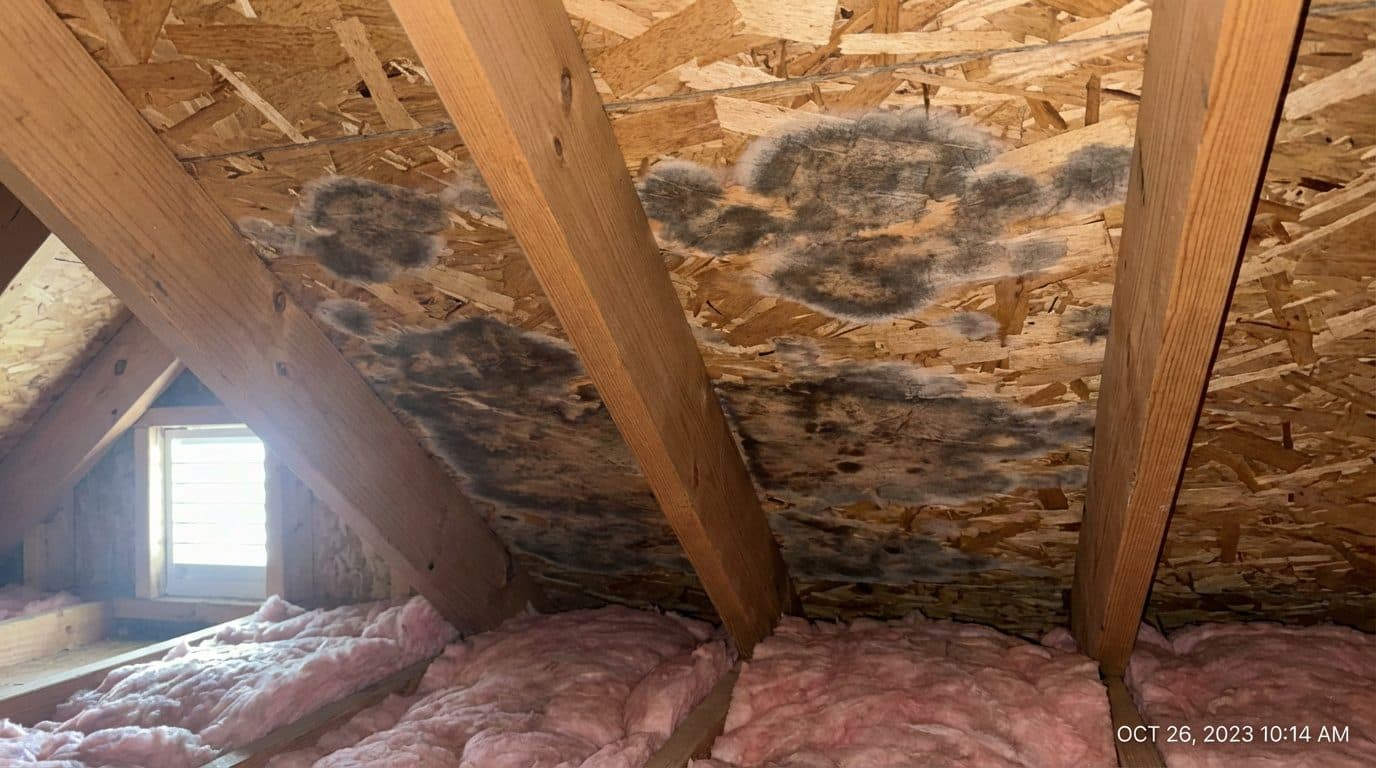 Black mold staining streaking down the underside of attic OSB plywood roof sheathing between wood rafters with pink fiberglass insulation below, documented during a Green Restoration tri-state attic mold inspection
