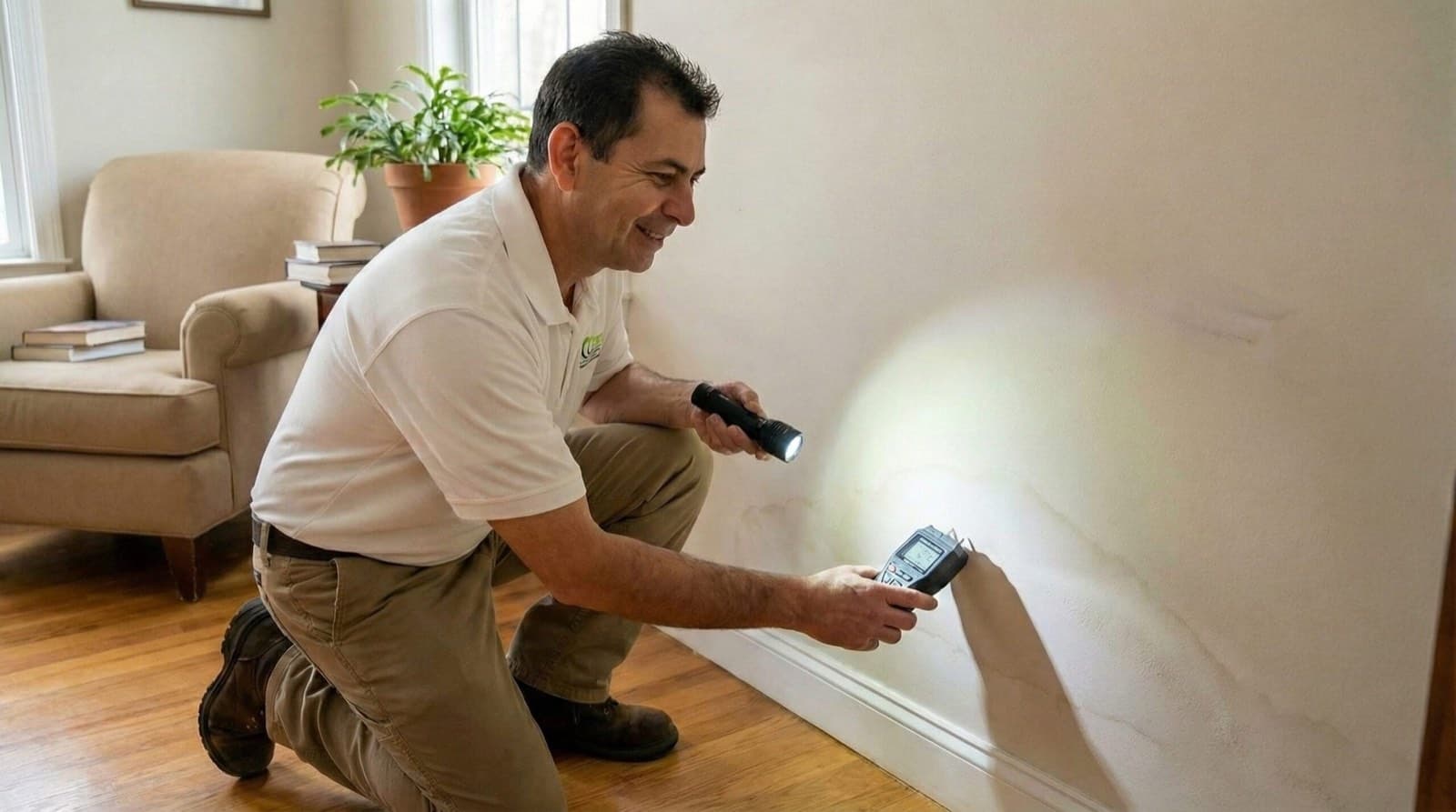 Green Restoration mold inspector using a flashlight and a digital moisture meter against a water stained interior wall during a pre remediation mold assessment in a Connecticut home