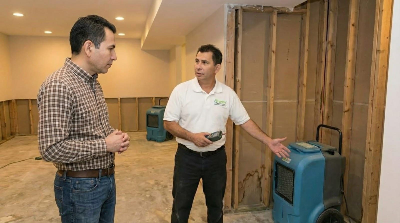 Green Restoration technician consulting with Norwalk homeowner