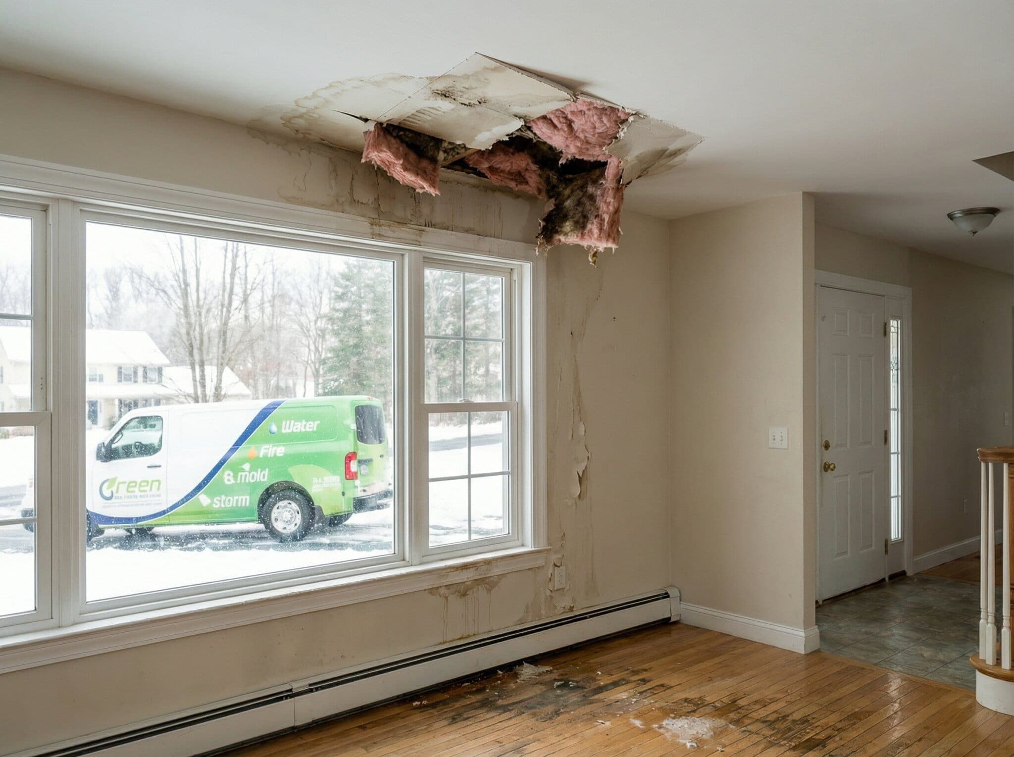 Green Restoration technician assessing water damage in a Norwalk home